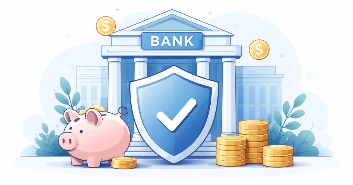 Illustration showing a bank and piggy bank representing savings account safety and stability