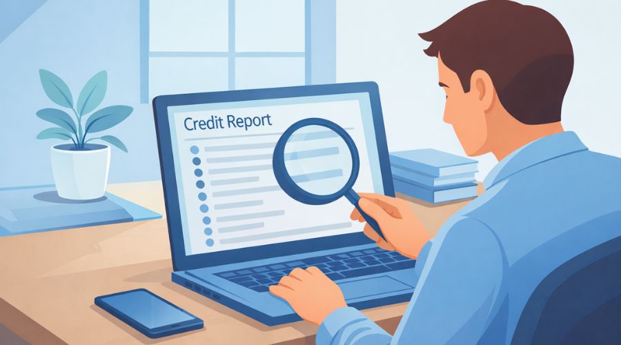 Person reviewing credit report on laptop showing credit inquiry concept