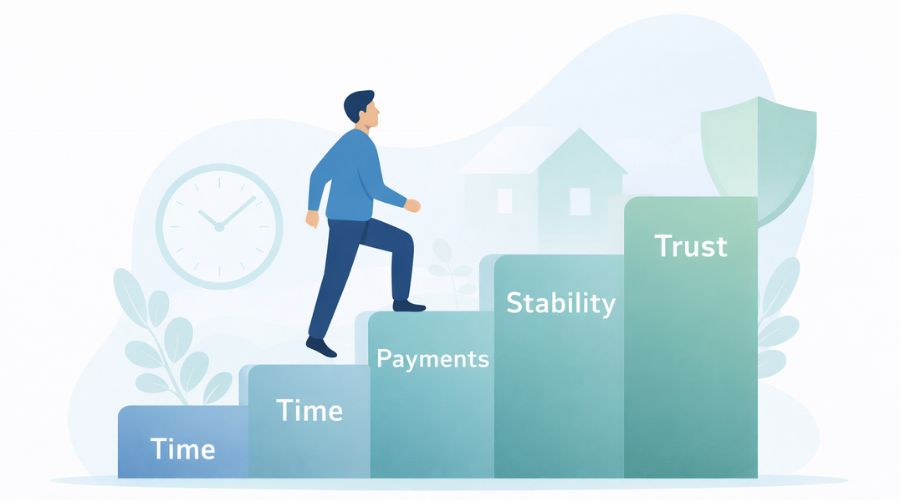 Illustration explaining responsible credit rebuilding over time
