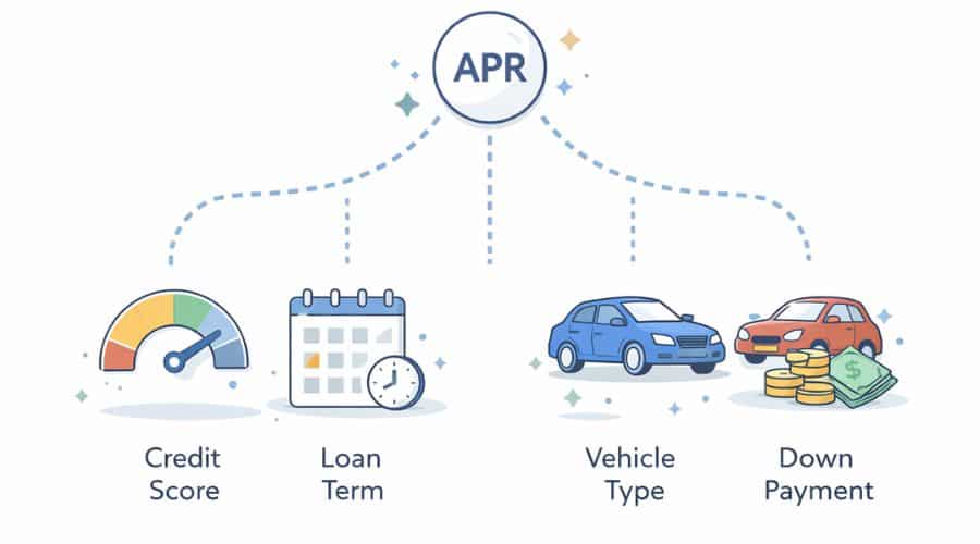 Visual showing credit score, loan term, and down payment affecting auto loan APR