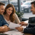 Car buyer discussing auto loan rates and APR options before purchasing a vehicle