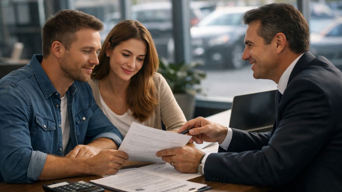 Car buyer discussing auto loan rates and APR options before purchasing a vehicle
