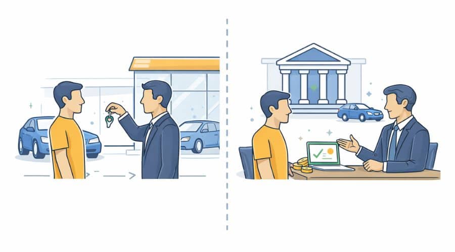 Comparison illustration of dealership financing versus bank and credit union auto loans