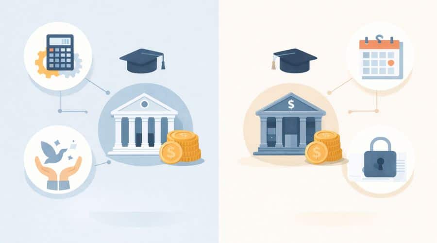 Comparison between federal and private student loans showing repayment options and protections
