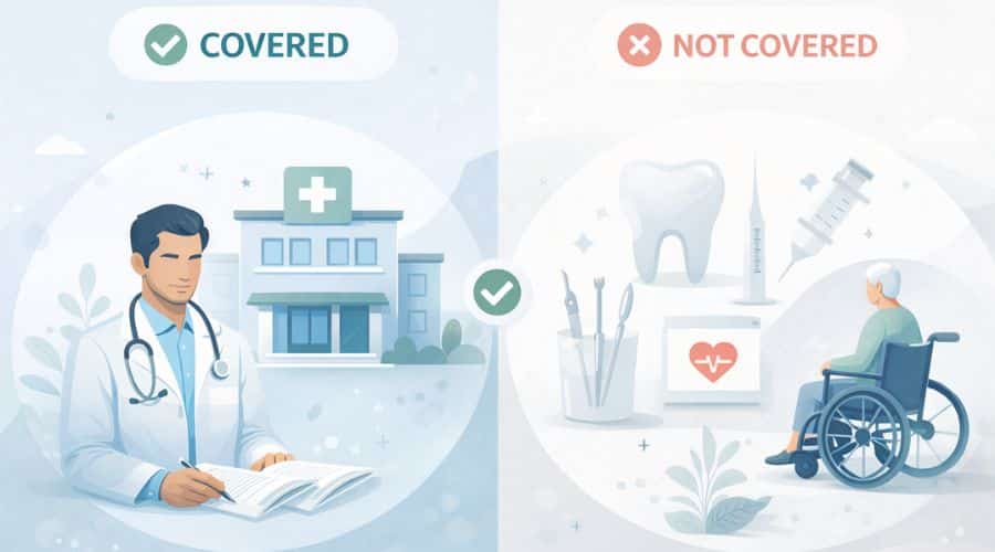 Common health insurance exclusions such as dental, cosmetic, and long-term care
