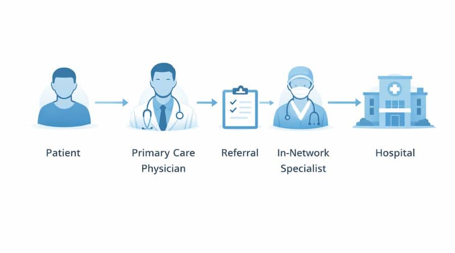 How HMO insurance works through primary care physicians and referrals