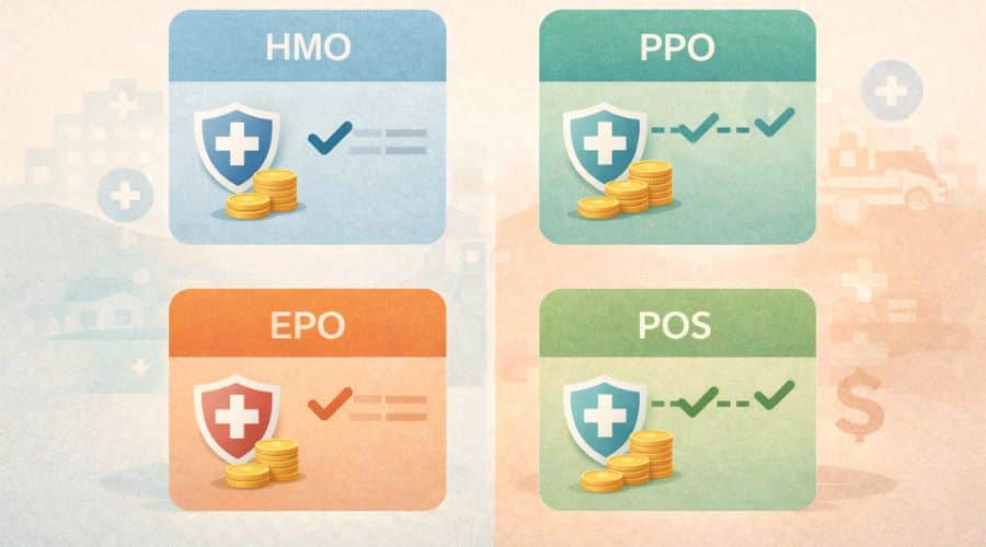 Comparison of HMO PPO EPO and POS health insurance plan network rules
