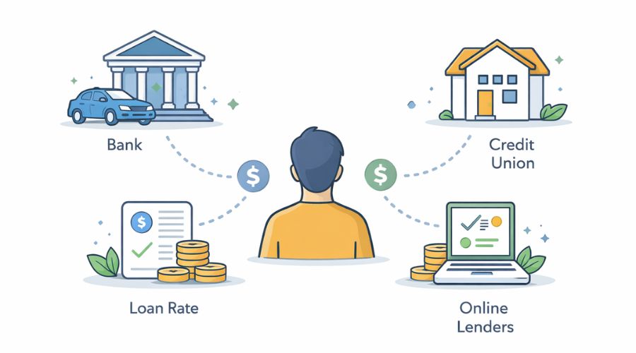 Illustration showing banks, credit unions, and lenders offering auto loans in the U.S.