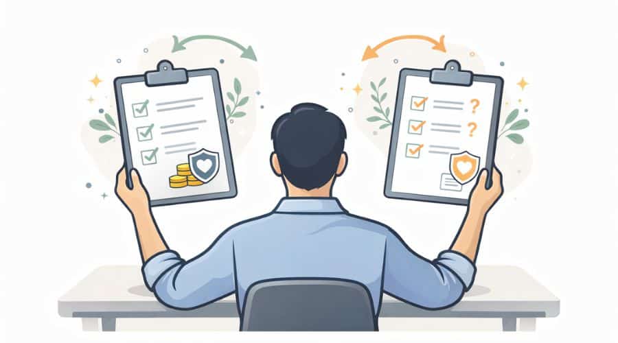 Illustration of a person evaluating life insurance coverage decisions