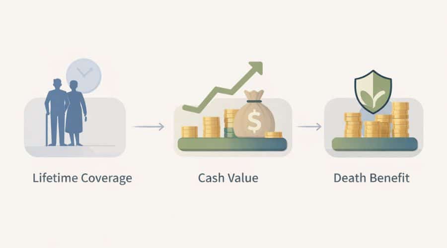 Illustration explaining how whole life insurance combines lifetime coverage and cash value