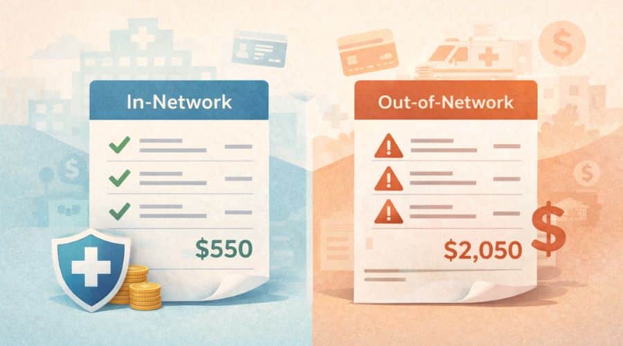 Example showing higher out-of-network healthcare costs compared to in-network services
