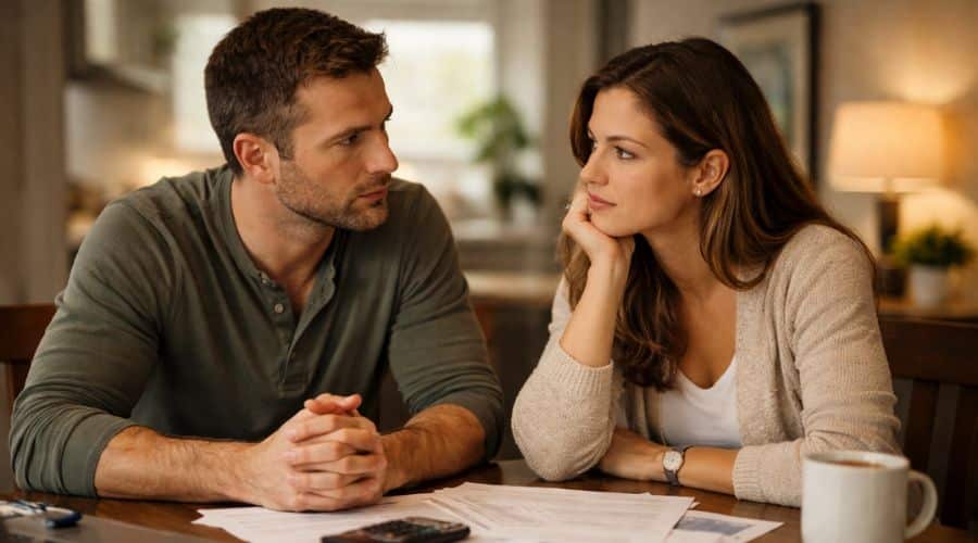 American couple discussing life insurance decisions during an important life moment

