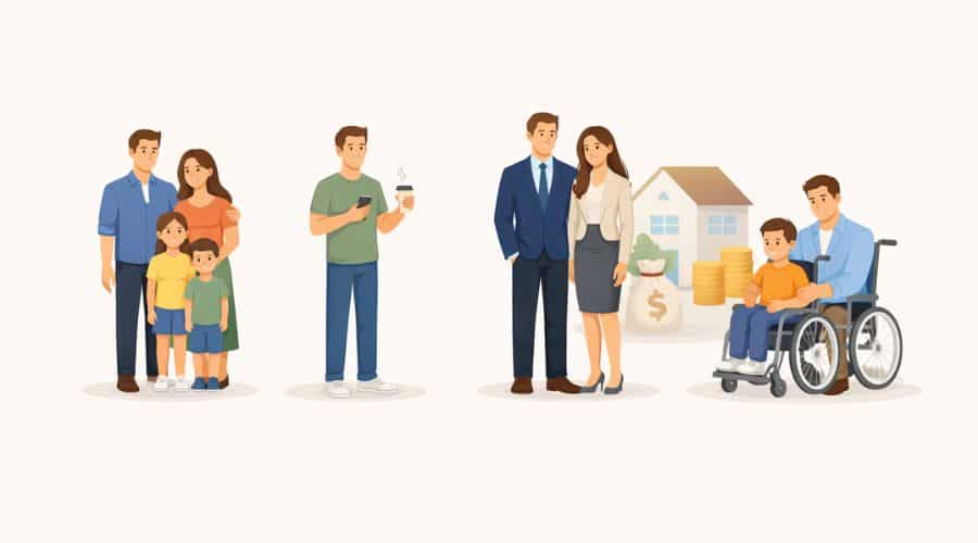 Illustration showing different real-life scenarios for choosing life insurance
