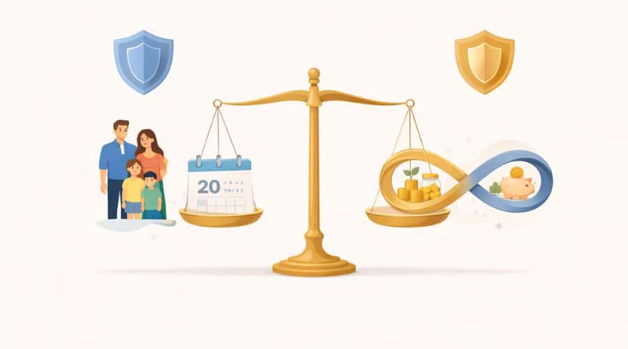 Visual comparison of term life insurance versus whole life insurance features
