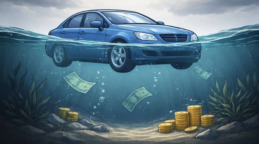 Semi-realistic illustration of a car partially submerged in water symbolizing negative equity and underwater auto loan, serious tone, no text